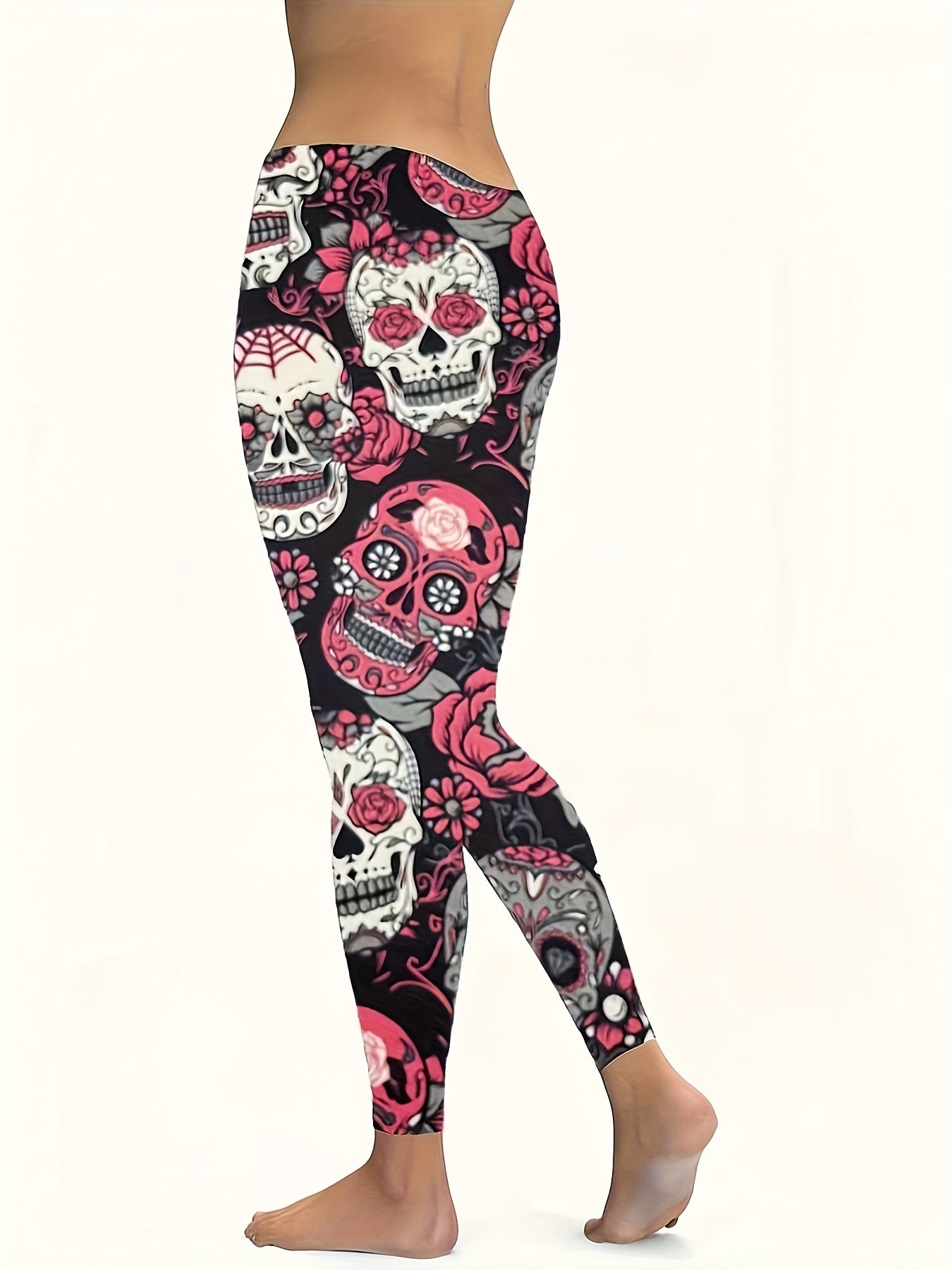  Halloween Sports Leggings Women's Plus Floral Skull Print High Waist