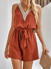 Guipure Lace Belted Romper Jumpsuit