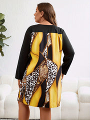  Colorblock Leopard Print Long Sleeve Tee Dress