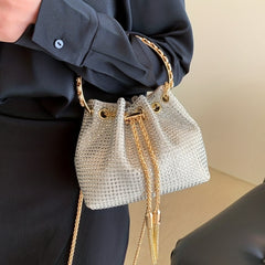 Rhinestone Bucket Bag Top Ring Clutch Purse Drawstring Crossbody Bag