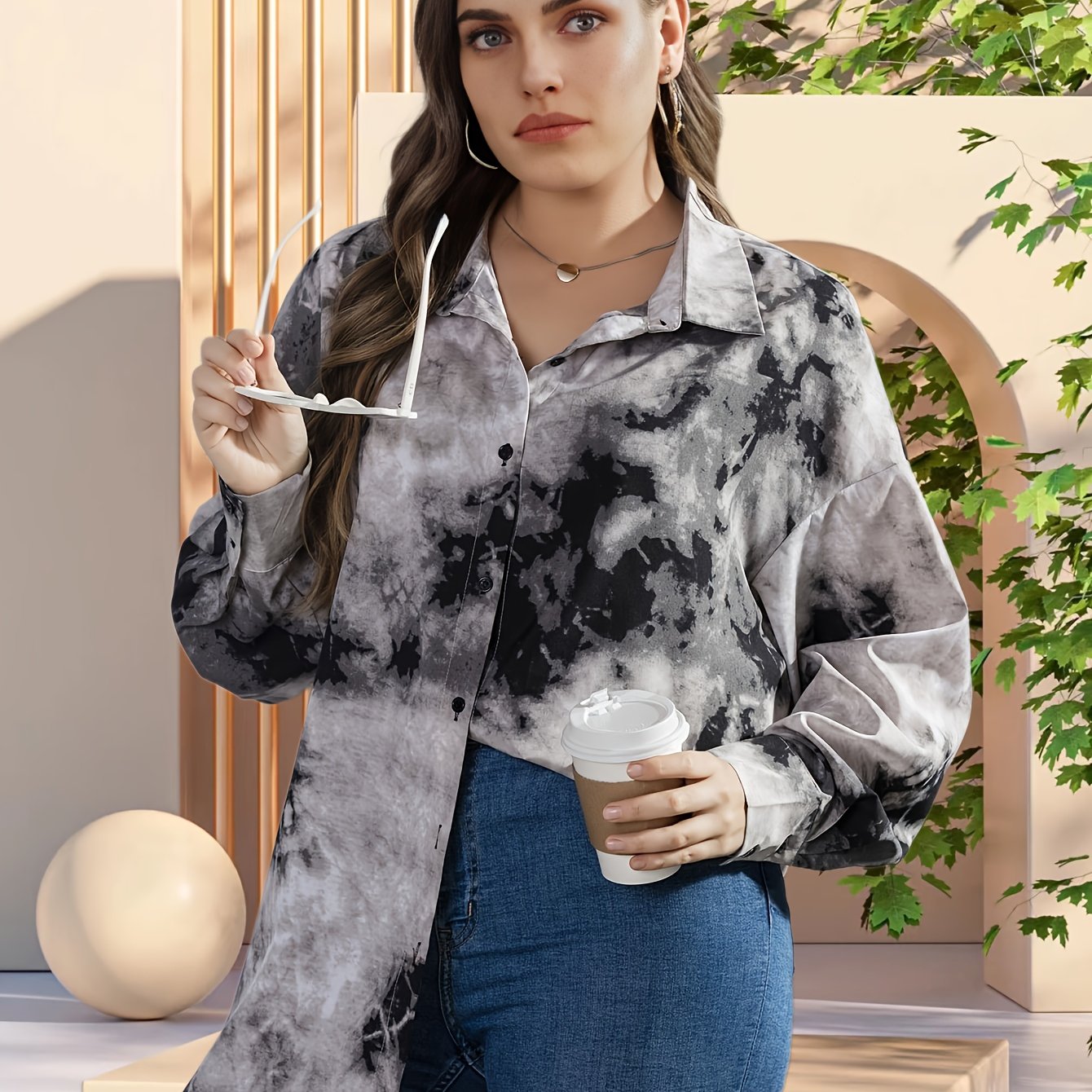  Tie Dye Button Up Lantern Sleeve Blouse