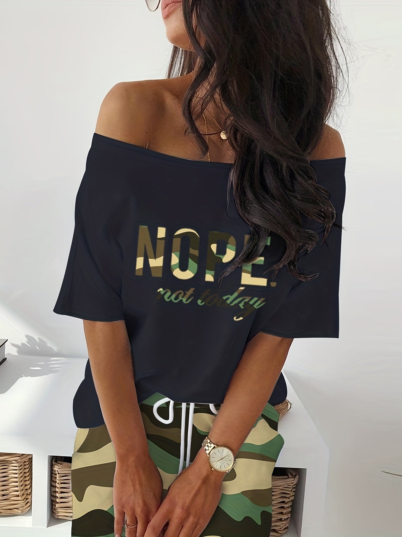 Casual Two piece Skirt Set Letter Print Top & Camouflage Drawstring Split Skirt