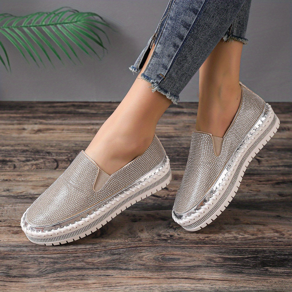Women's Platform Rhinestone Sneakers Slip On Outdoor Shoes