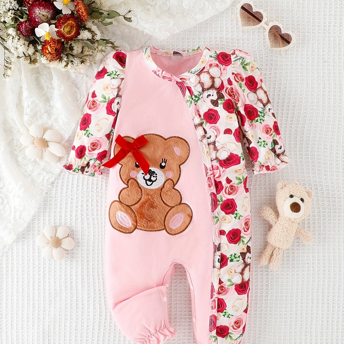 Baby Girl Bear Flower Embroidered Patchwork Button Onesie