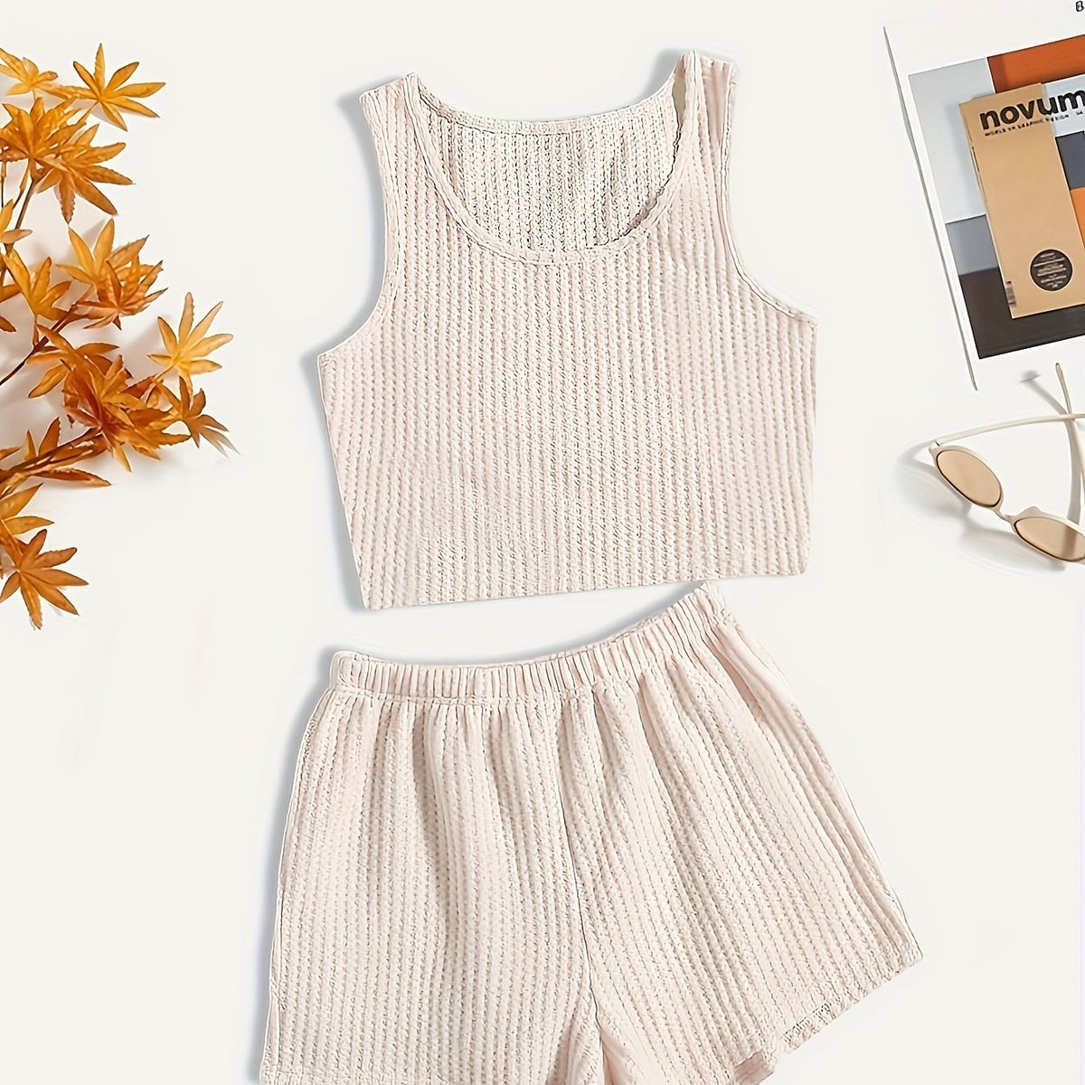 Waffle Knit Tank Top & Shorts Pajamas Set