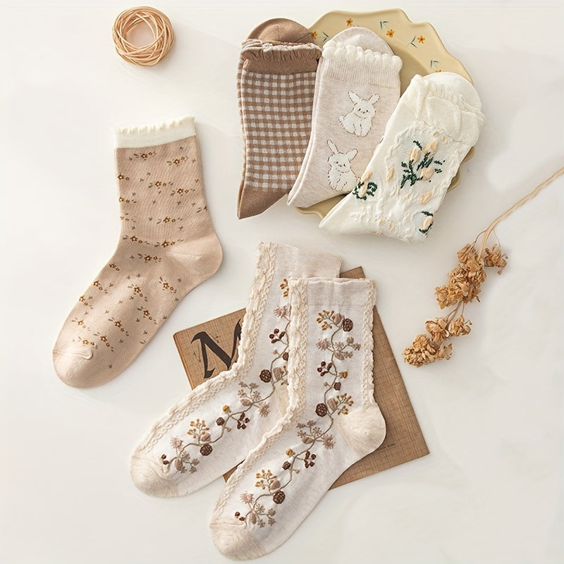 5 Pairs Floral & Bunny Print Ruffle Socks Women's Stockings