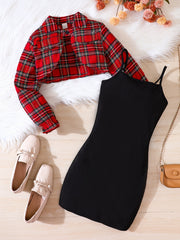 Girl's Plaid Cardigan & Sundress Set for Spring Summer