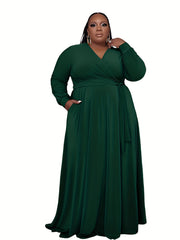  Solid Long Sleeve Maxi Dress Pockets