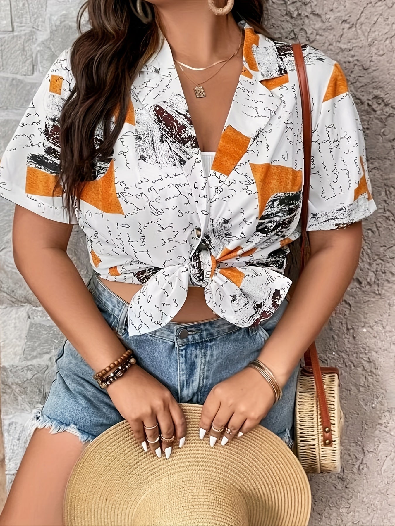  Colorblock Letter Print Button Up Short Sleeve Blouse