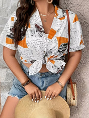  Colorblock Letter Print Button Up Short Sleeve Blouse