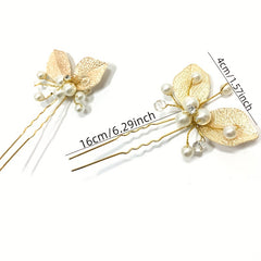 Silvery Leaf Shape Hairpin with Faux Pearl Crystal Inlay