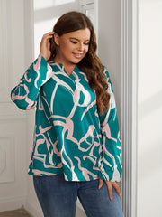  Blouse Women's Plus Print Long Sleeve Notched Neck Top