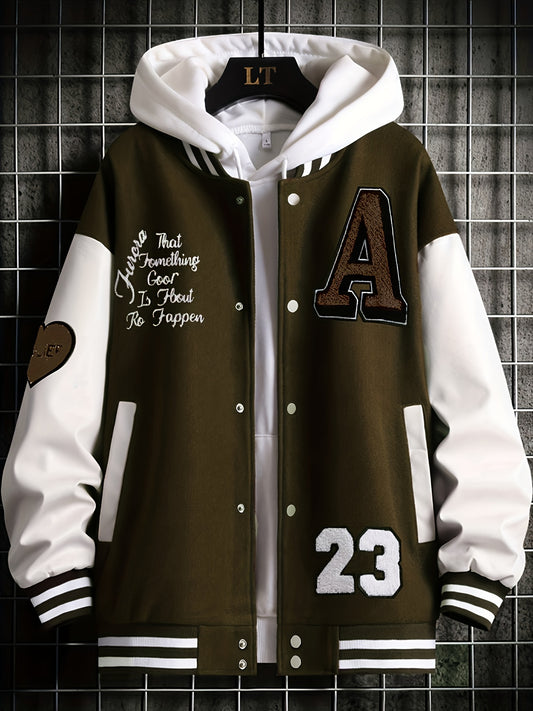 Men's Stand Collar Casual Sports Jacket Block Letter Embroidery Coat