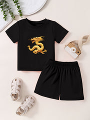 Short Sleeve Dragon Pattern T-shirt & Shorts Set
