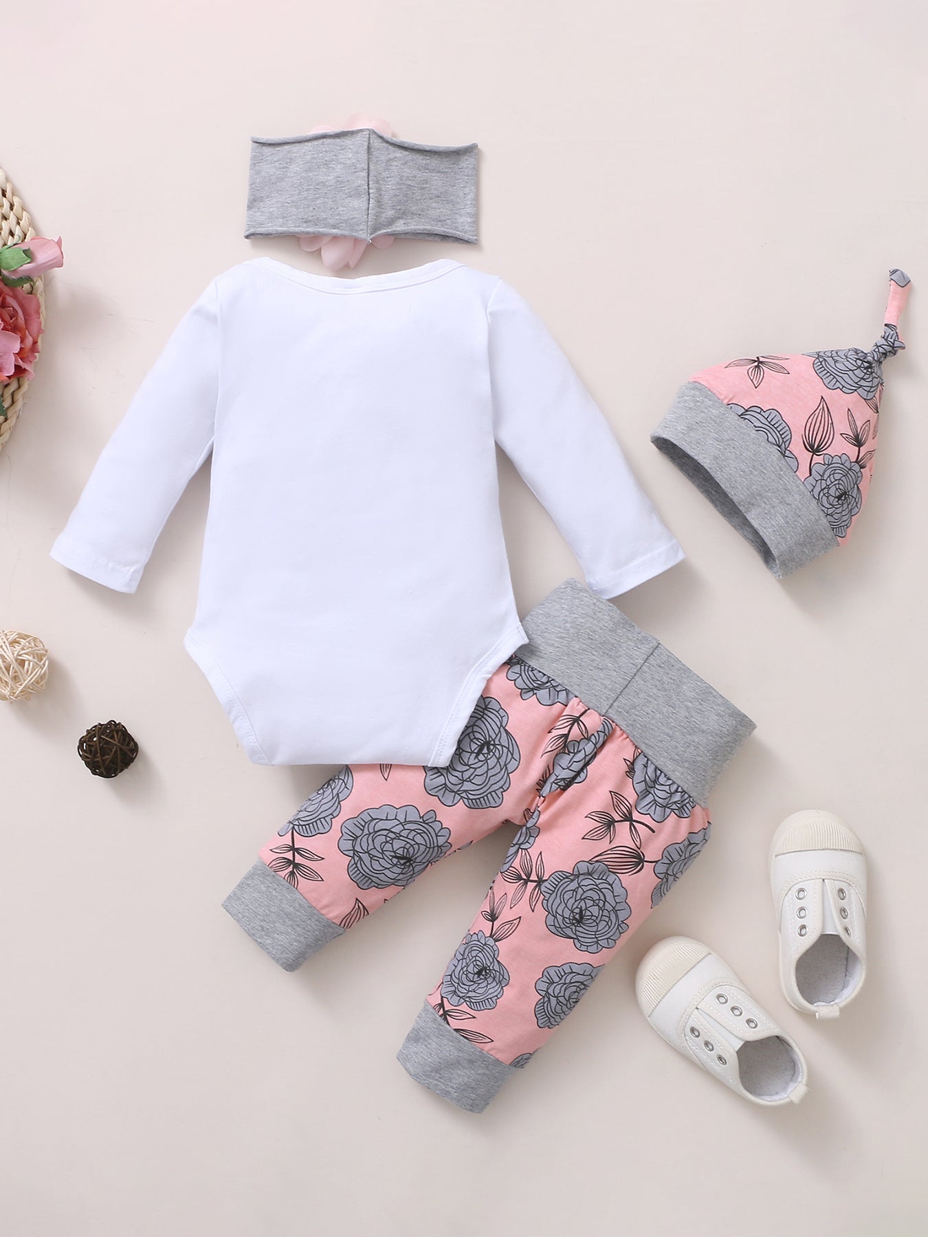 Baby Comfy Romper Floral Pants Headband Set
