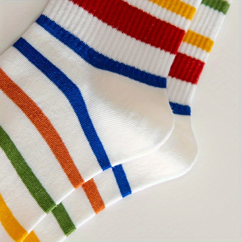 5 Pairs Rainbow Striped Socks Comfy & Mid Tube Women's Stockings Hosiery