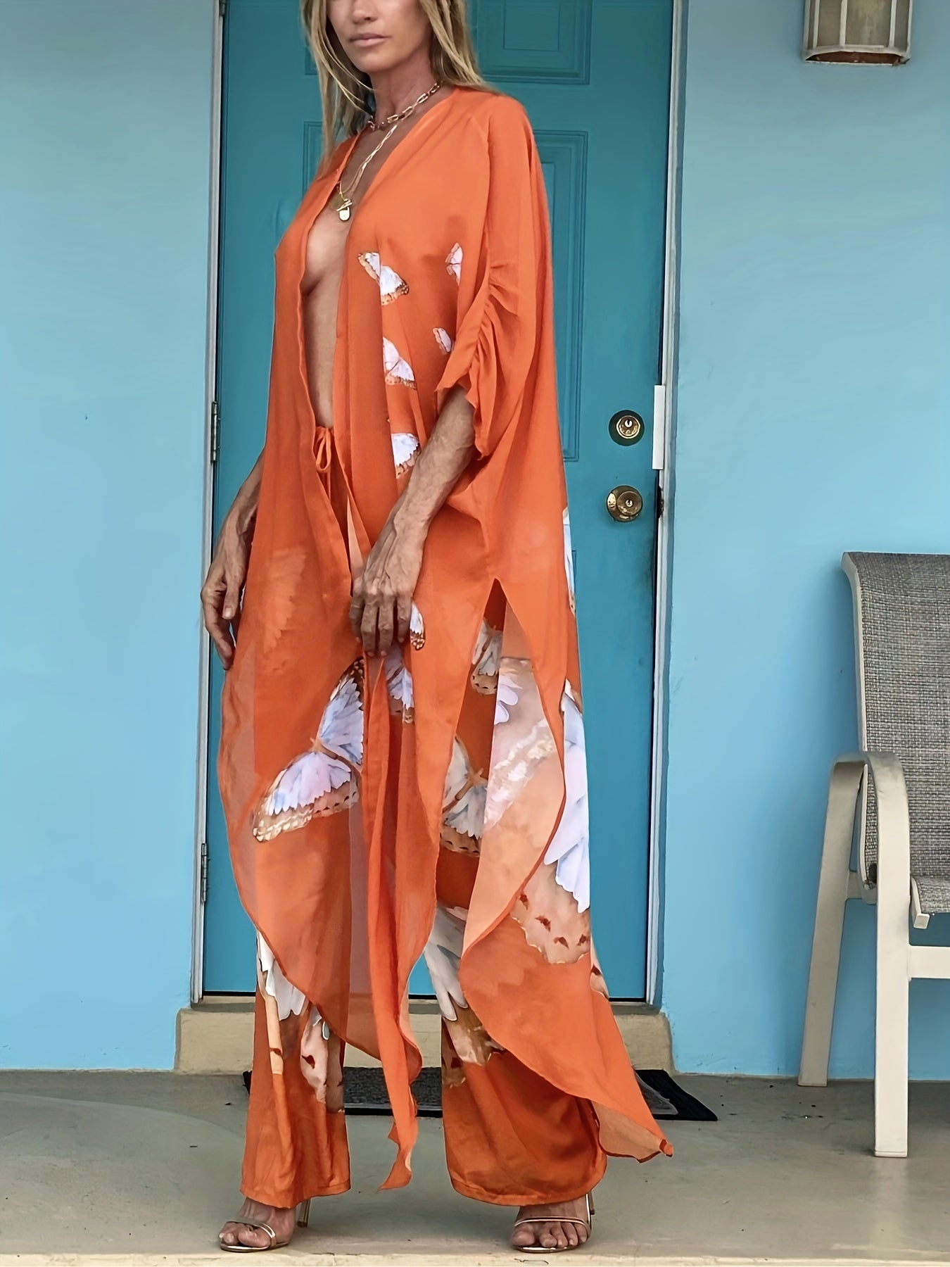 Orange Butterfly Print V Neck 2 Piece Beachwear Knot Front Kaftan Pants