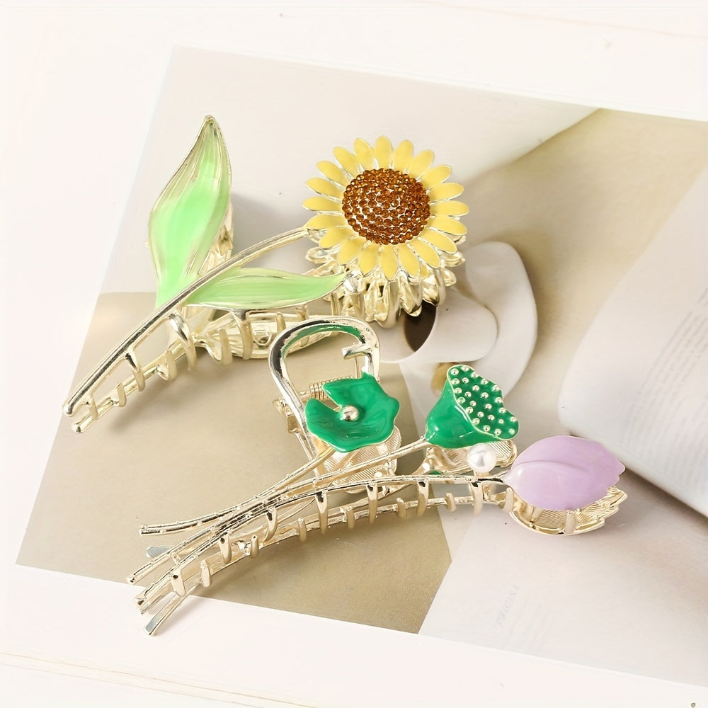 Sunflower Tulip Hair Claw Clip Golden Metal Strong Hold Grip