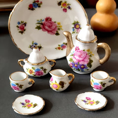 Floral Tea Set for Dolls - Teapot, Cups, Saucers, Tray - Flower Patterns