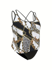  Leopard & Chain Print Tankini Set Women's Two Piece Swimsuit