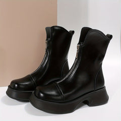Square Toe Platform Ankle Boots Chunky Heeled Front Zip Combat Shoes