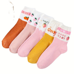 5 Pairs Fruit Print & Breathable Mid Tube Socks Women's Stockings