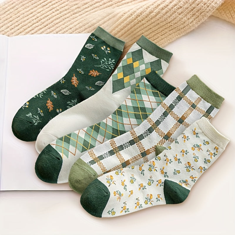 Floral & Plaid Print Socks - Women's Mid Tube Stockings