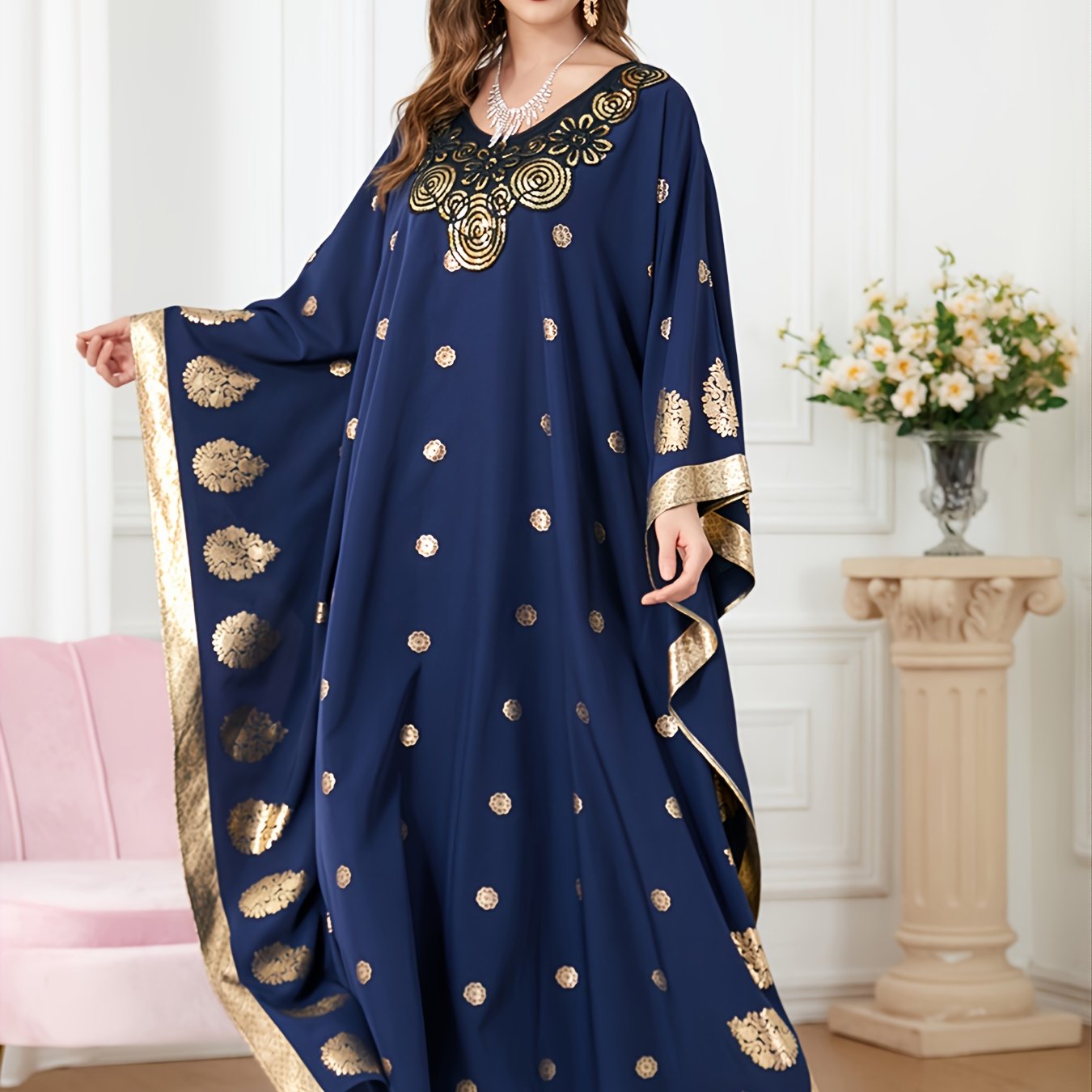  Batwing Sleeve Abaya Long Dress Women's Plus Loose Fit Round Neck Abay