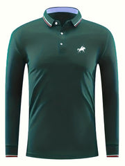 Men's Polo Player Print Button Up Long Sleeve Polo Shirt