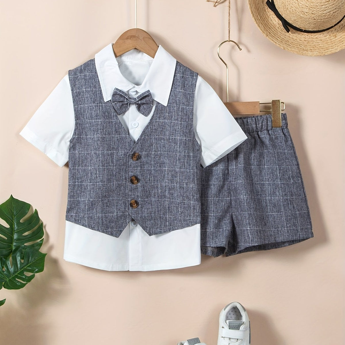 Boys Gentleman Outfits Short Sleeve Bowtie Shirt&Shorts&Vest Kids Clothing Set