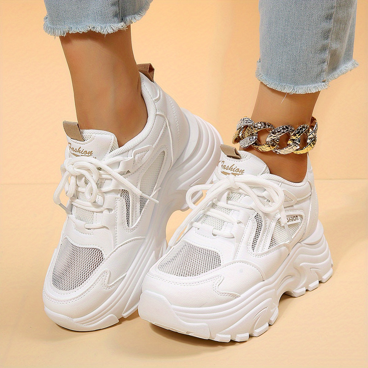 Solid Lace Up Mesh Sneakers Height Increased Dad Shoes Women's