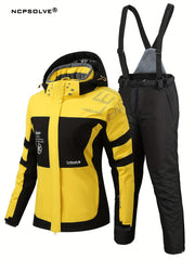 Snowflake & Letter Print Ski Set Hooded Jacket & Suspender Trouser