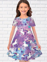 3D Unicorn & Starry Sky Graphic Short Sleeve Dress Girls Comfy Dresses