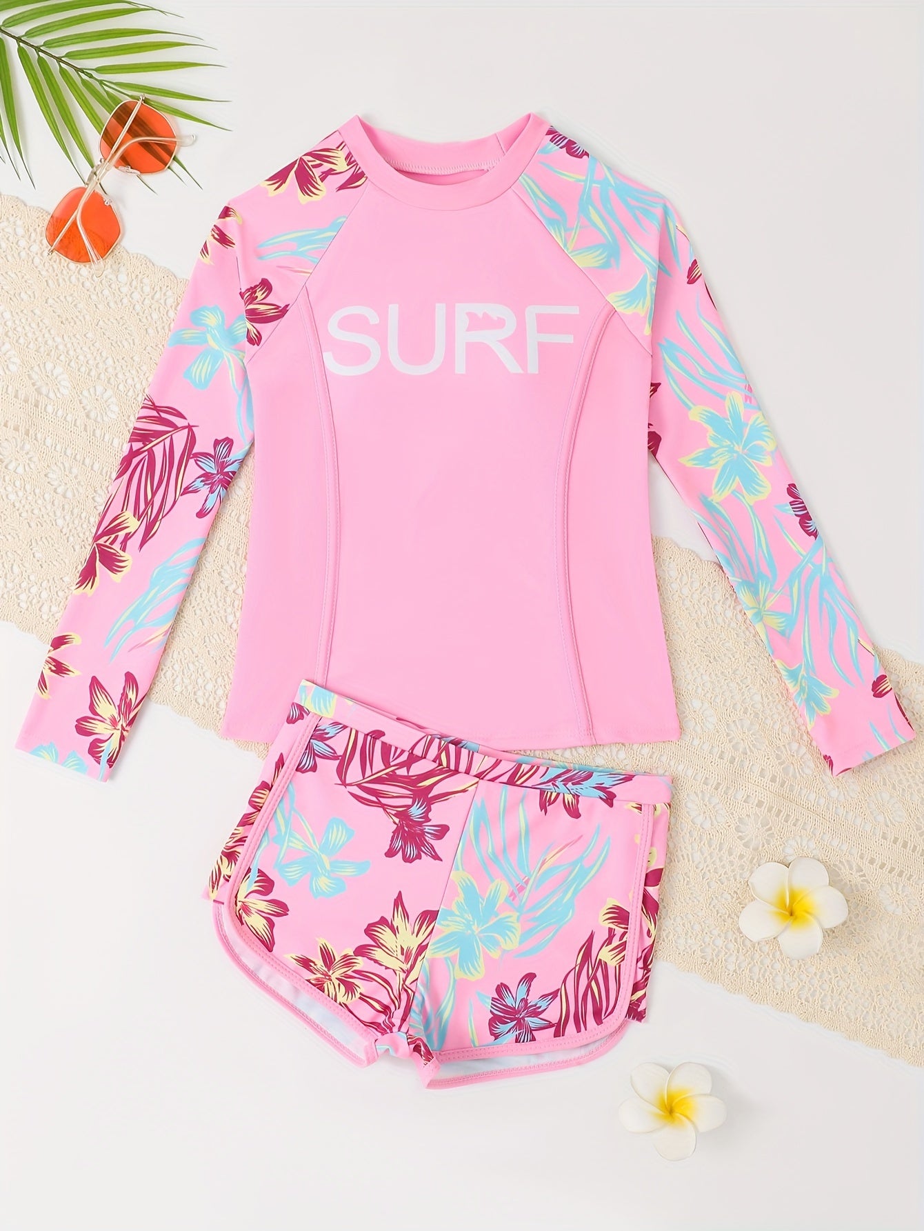 2pcs Girls Splicing Sun Protection Long Sleeve Tankini Swimwear for Summer Gift