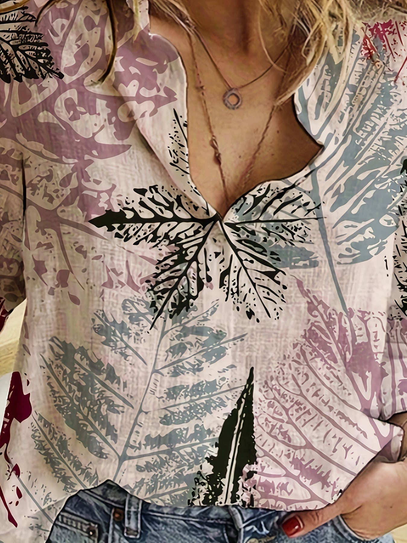  Leaf Print Long Sleeve Button Up Blouse