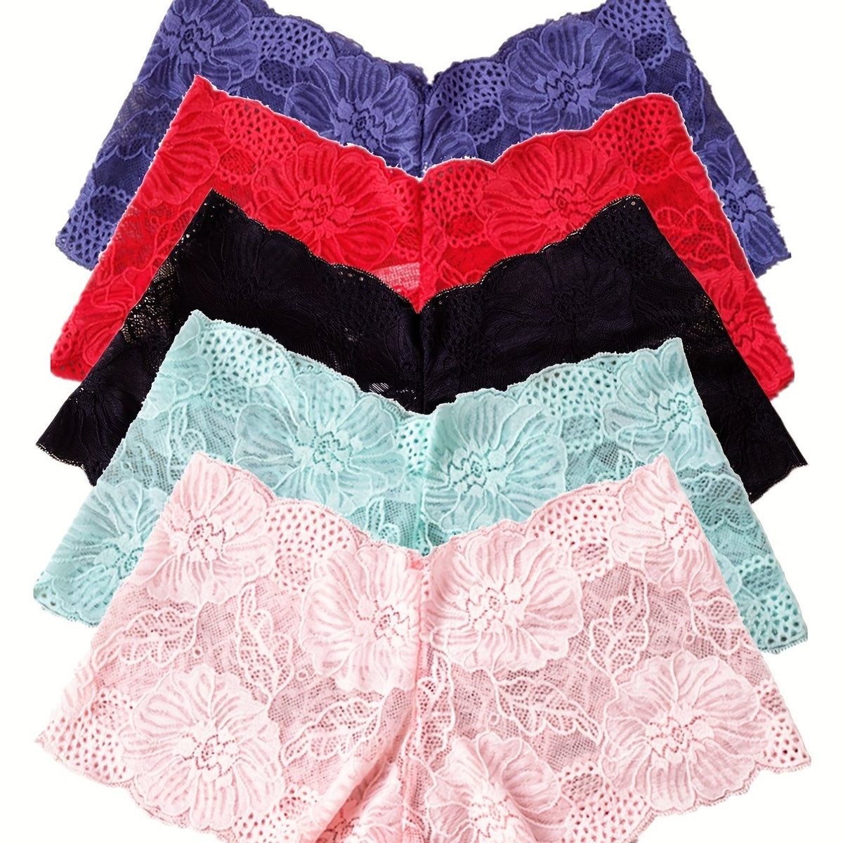 5pcs Floral Lace Boyshort Panties Soft & Breathable Women's Lingerie
