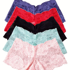 5pcs Floral Lace Boyshort Panties Soft & Breathable Women's Lingerie