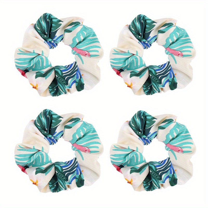 4pcs Boho Print Leaf Flower Hair Scrunchies Soft Fabric for Women Girls