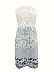  Colorblock Floral Print Round Neck Smock Dress