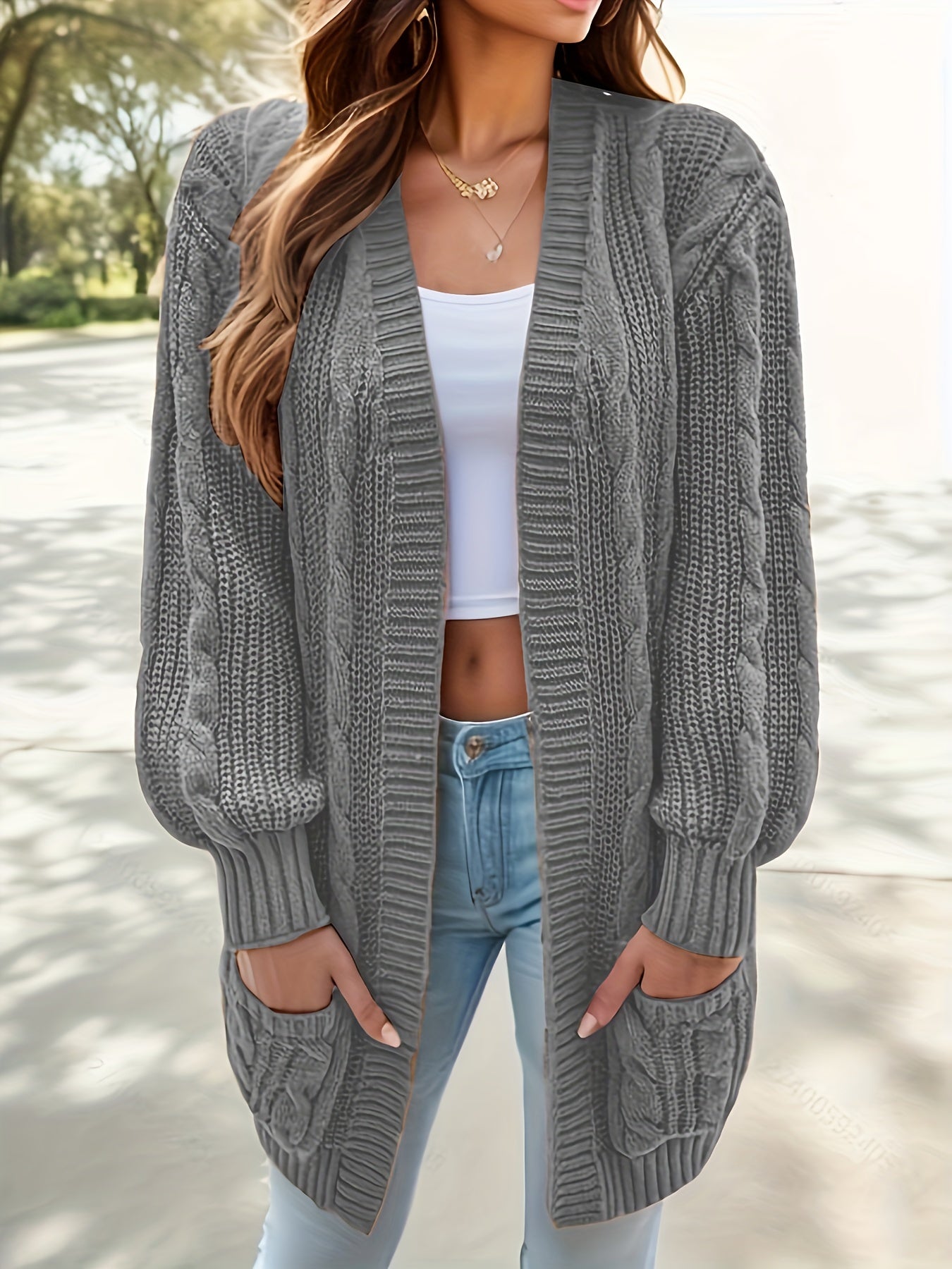  Ribbed Knit Open Front Cardigan with Pockets