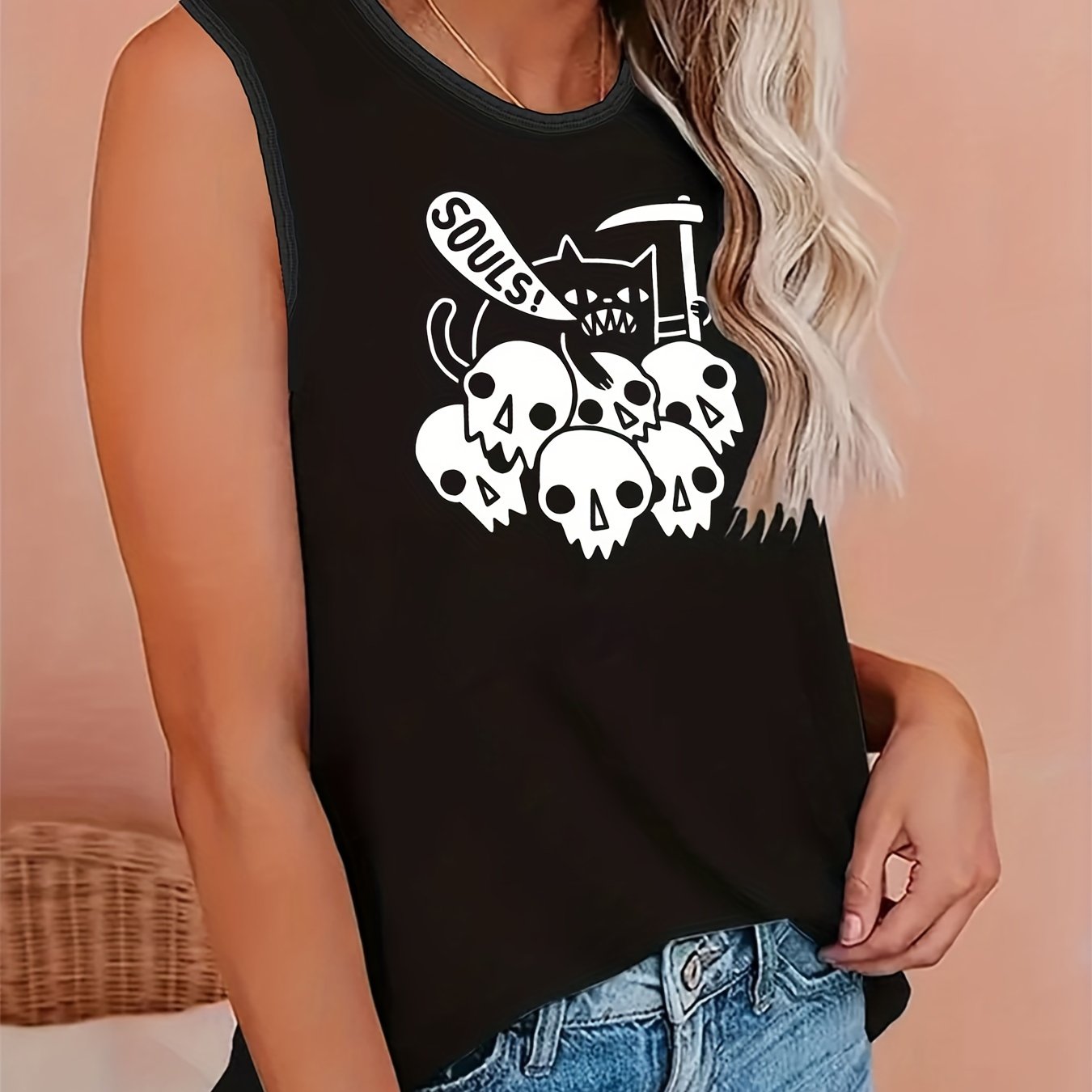  Halloween Tank Top Skull & Letter Print Round Neck Stretch Halloween