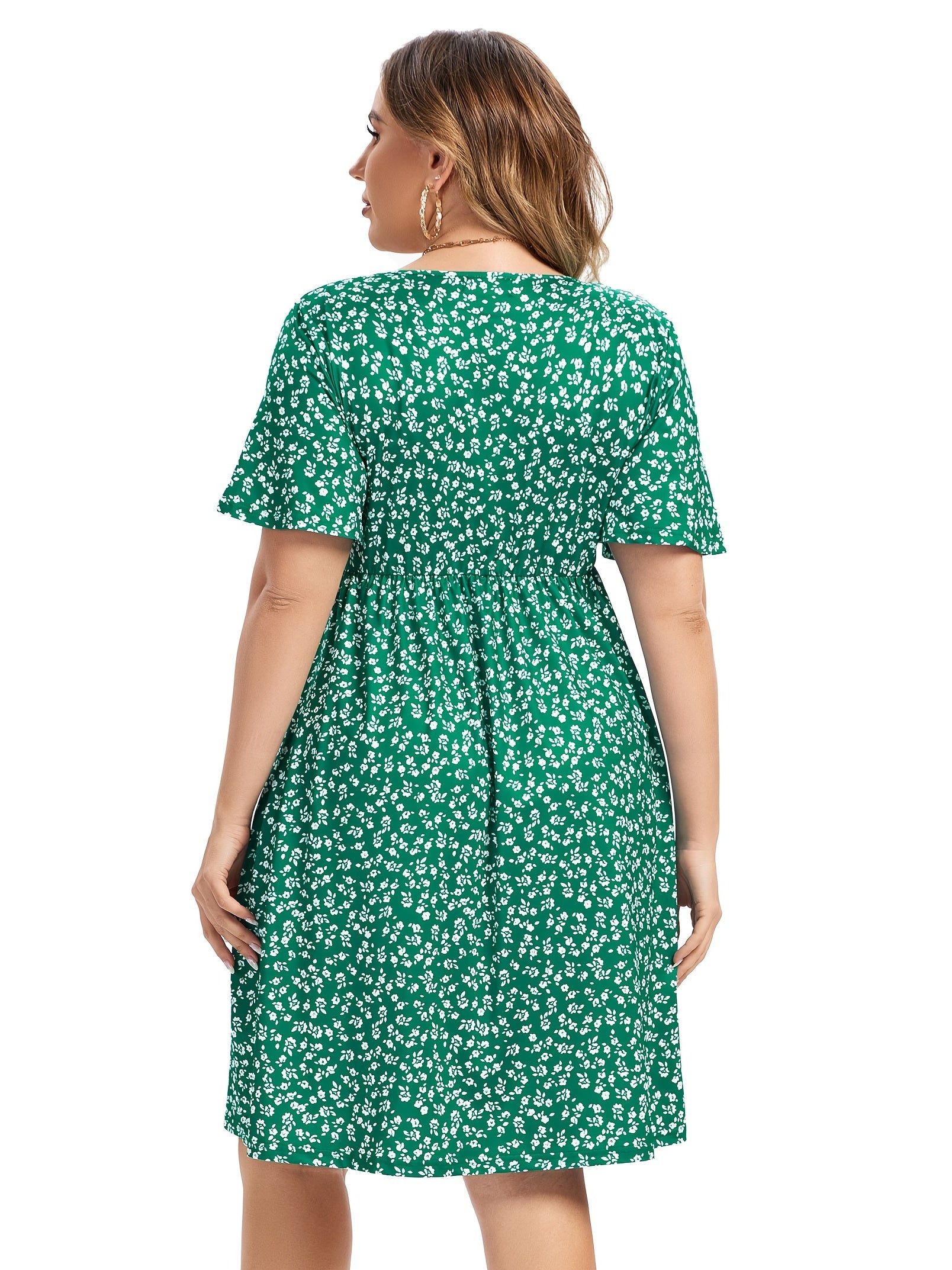  Floral Print Short Sleeve V Neck Dress With Pockets