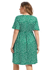  Floral Print Short Sleeve V Neck Dress With Pockets