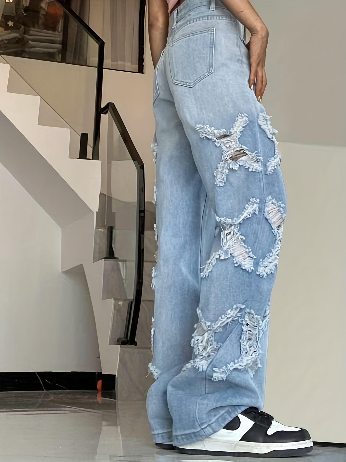 High Rise Distressed Wide Leg Jeans for Women