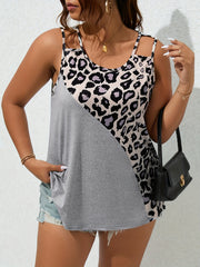  Leopard Print Tank Top - Colorblock Round Neck