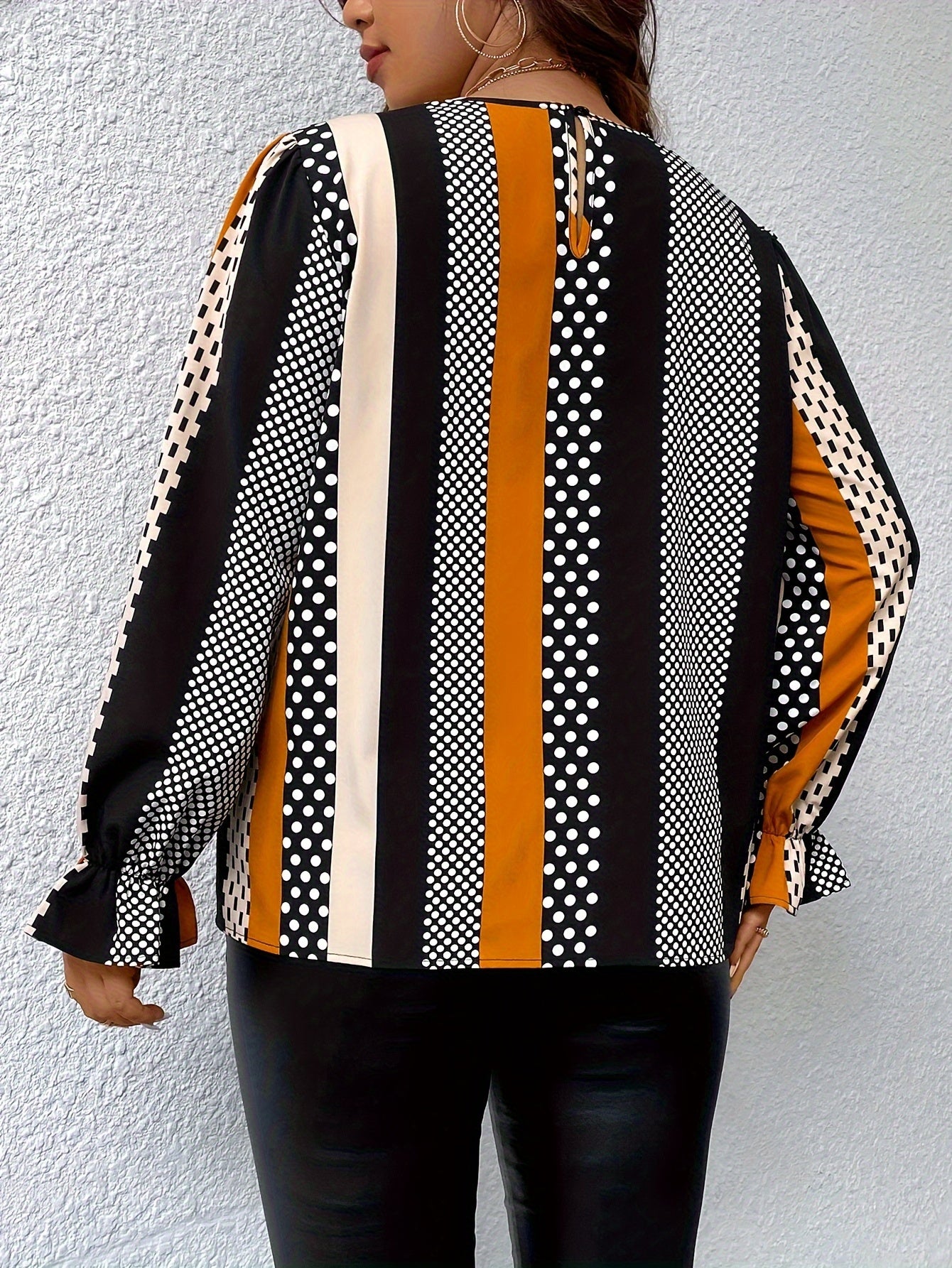  Colorblock Stripe & Dot Print Blouse with Flounce Sleeves