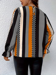  Colorblock Stripe & Dot Print Blouse with Flounce Sleeves