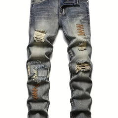 Men Chevron Embroidered Ripped Slim Straight Jeans