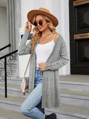  Solid Button Long Sleeve Open Front Cardigan