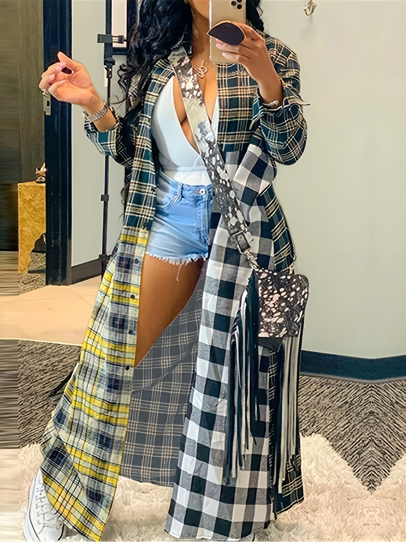  Colorblock Plaid Print Button Up Long Sleeve Shacket